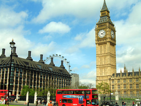 iconic london england landmarks including big ben, parliament, and a red two decker bus