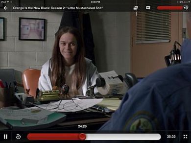 screen shot from orange is the new black season 2 episode 10 showing a smiling female inmate sitting on one side of the counselors desk. There is a copy of the first edition of mind over mood siting on the counselors desk.