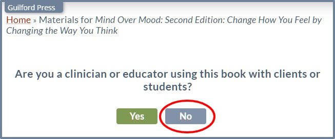 screen shot of how to answer no to the question are you a clinician or educator using this book with clients or students